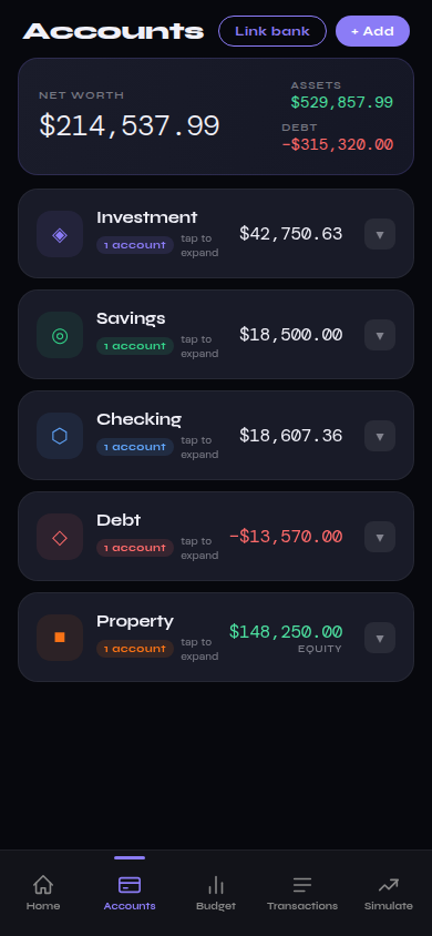Cubit Vault accounts screen showing net worth broken down by assets and debt