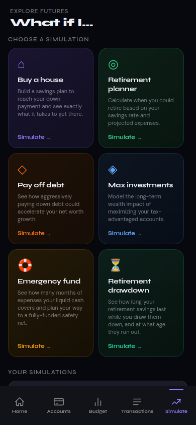 Cubit Vault simulate screen listing house, retirement, debt, and investment scenarios